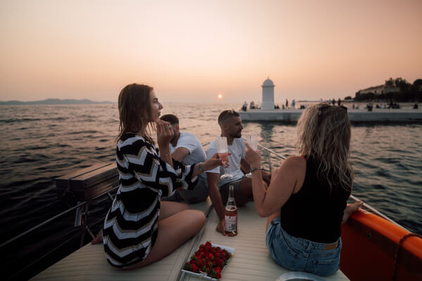 Sail into the golden evening and watch the sun melt into the Adriatic horizon. Enjoy delicious local snacks, a glass of wine, and the soft sound of the sea — a truly romantic experience under the colors of the charming Zadar sunset.